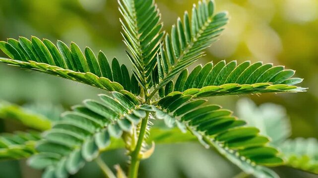 Macro View of Mimosa Pudica Sensitive Plant Leaves in Nature
