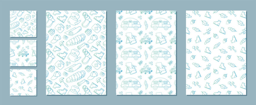 Seamless line pattern collection with camping and adventure theme in blue color. Campfire, tent, backpack and outdoor doodle elements add travel feel to the camp pattern for any adventure or outdoor