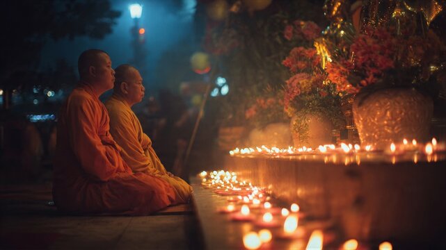 Two Buddhist monks praying beside candles at night ceremony