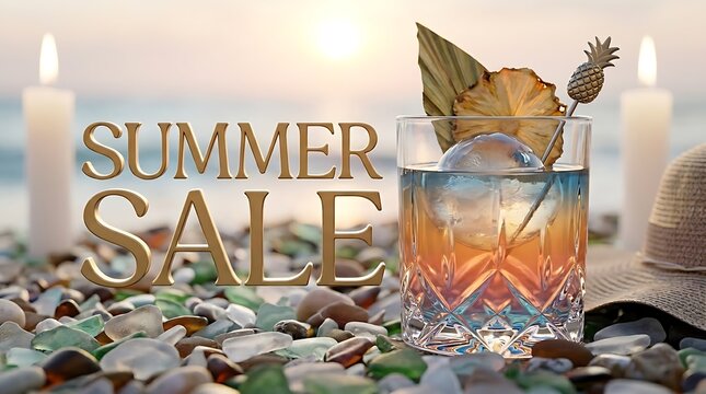 Minuman segar dengan buah tropis dan es di tepi pantai saat Summer Sale untuk promosi festival musim panas