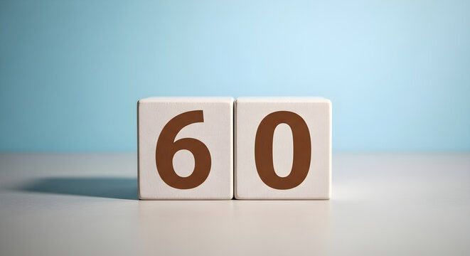 Wooden blocks displaying the number sixty on a table