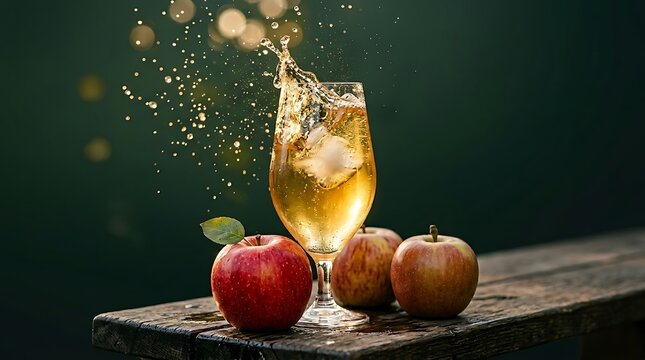 Segelas sparkling cider berkilauan di atas meja kayu dengan tiga buah apel segar, suasana keren dan meriah untuk perayaan musim gugur