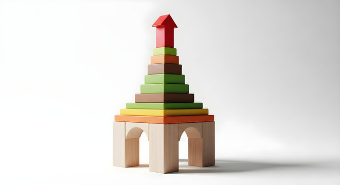 Colorful wooden block tower with ascending red arrow on top