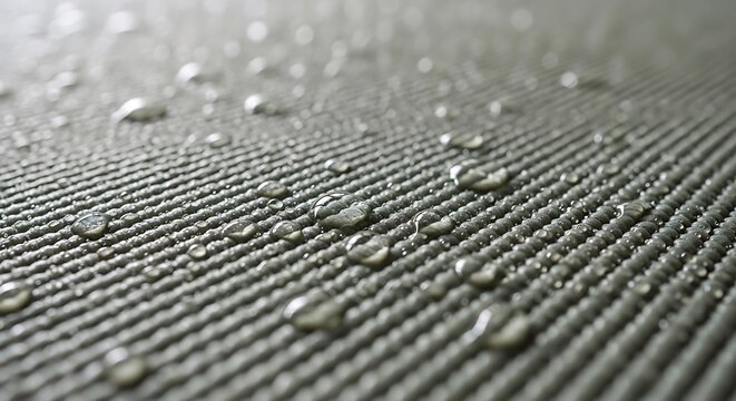 Close-up macro shot of water droplets on a textured surface with parallel ridges