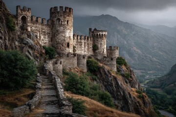 Obraz premium Medieval castle ruins on misty mountain cliff landscape