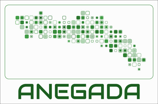 Anegada digital style map. Large roundedSquare dots on white background. Dotted shape of the island. Anegada map and title. Creative vector illustration.