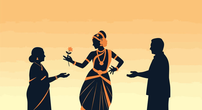 Indian traditional family silhouette with dancer and parents.