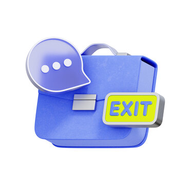 3D illustration of briefcase with speech bubble and exit sign for exit interview, employee resignation, offboarding process, job termination, career transition, and leaving company.