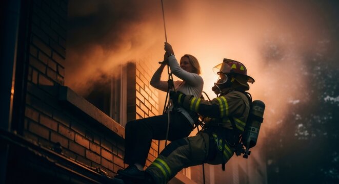 Woman and firefighter rappelling from burning building during rescue operation. Emergency evacuation concept for public safety and fire protection.