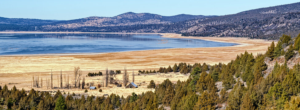 Panorama of a farm on the edge of Eagle Lake in Lassen County, California, USA