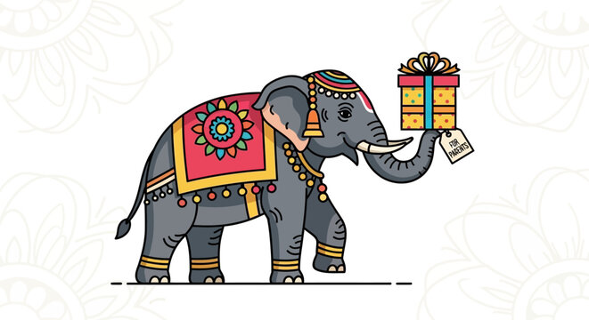 Decorative Indian elephant holding a colorful birthday gift box.