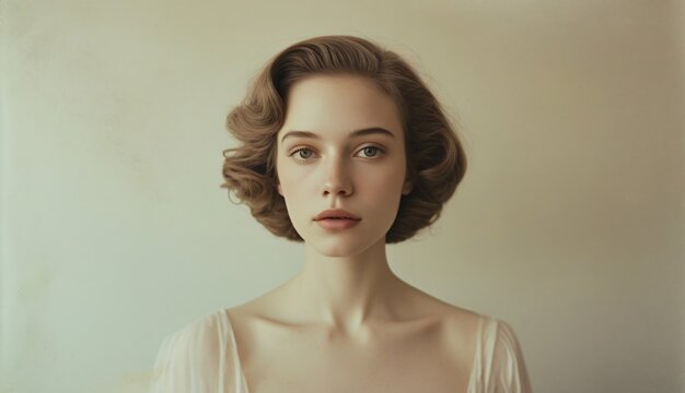 Cinematic headshot portrait of a young woman with short wavy hair in vintage style.