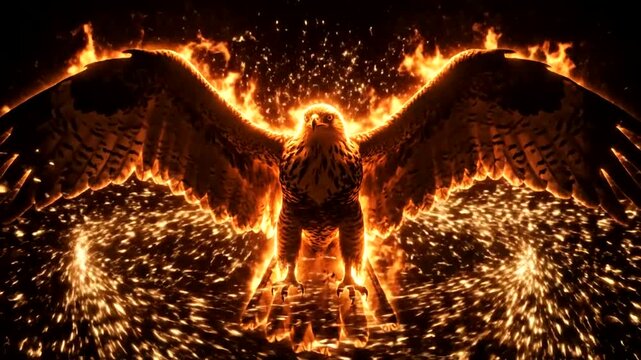 Majestic eagle composed of blazing fire flames and glowing sparks in dark background.