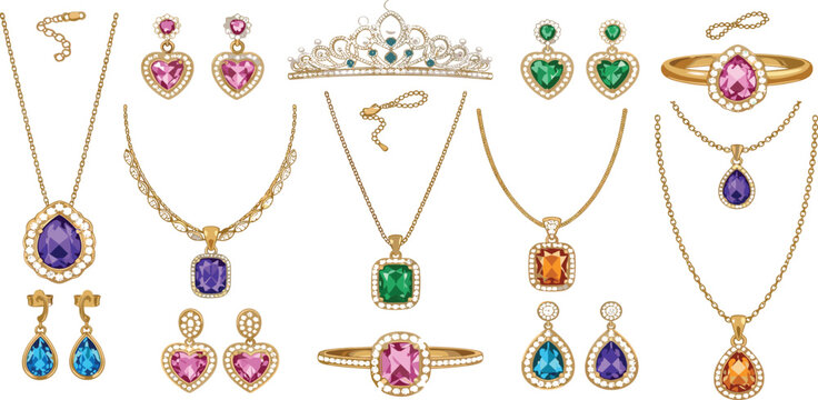 Luxury jewelry vector set featuring 18 gold and gemstone pieces including tiara diamond necklaces heart earrings and rings in a flat elegant style
