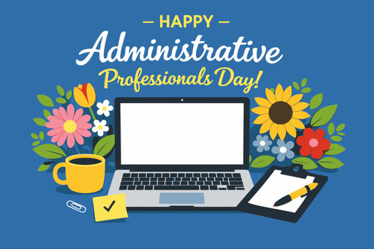 Administrative Professionals Day Vector Illustration with Flowers and Laptop