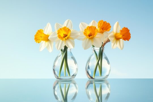 yellow and white daffodil lowers in glass vases staning on mirror reflection te blue sky