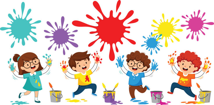Children finger painting vector kit featuring 4 diverse kids with paint splashes and buckets in a flat design style for art school