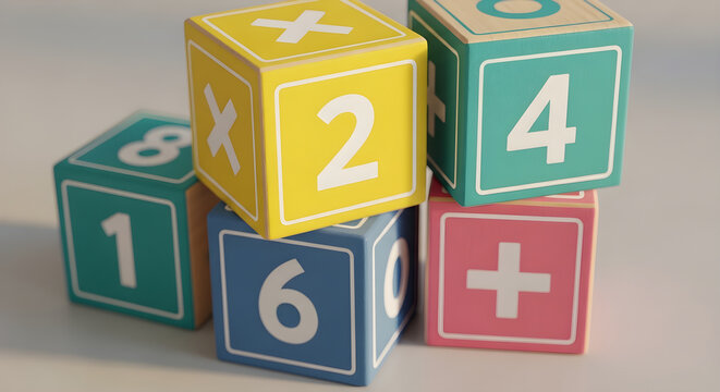 Colorful wooden blocks with mathematical symbols and numbers for education