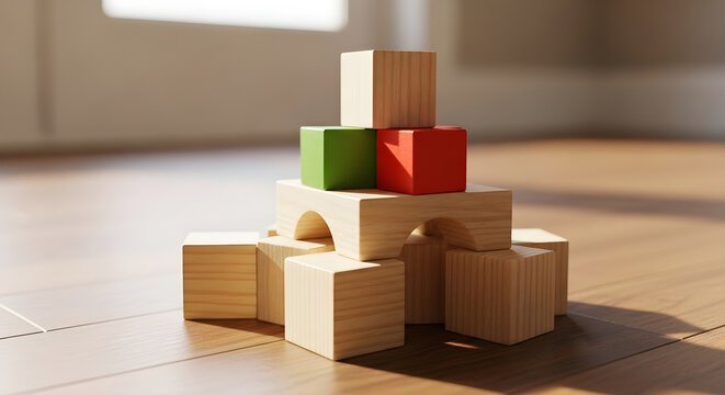 Wooden blocks stacked in a pyramid shape with colorful cubes on top