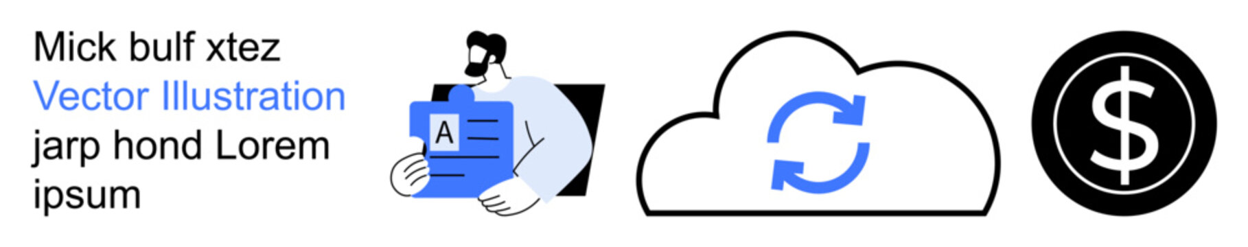 Technology, cloud operations, data security, financial management, user authentication, document storage. A person holds an ID card, cloud sync and dollar icons. Technology and cloud operations
