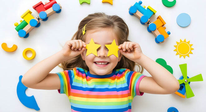 Little girl playing with colorful toys and stars on white background