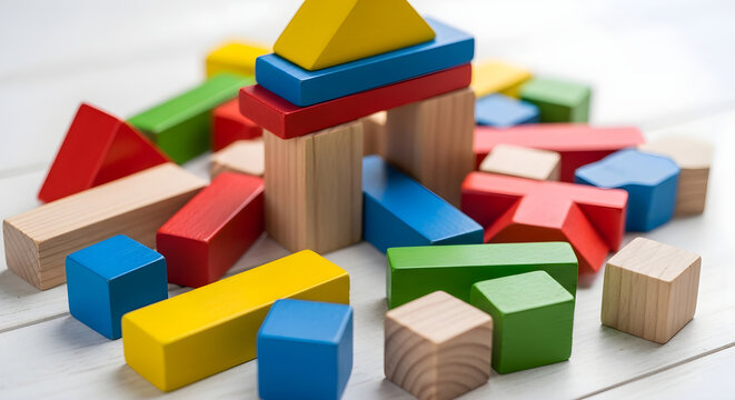 Colorful wooden blocks scattered on a white surface for kids