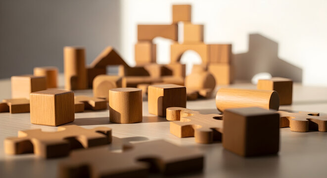 Wooden blocks and puzzle pieces scattered on a table for creative building