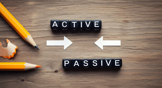 Business concept illustration of active and passive strategies with pencils on wooden desk vector graphic