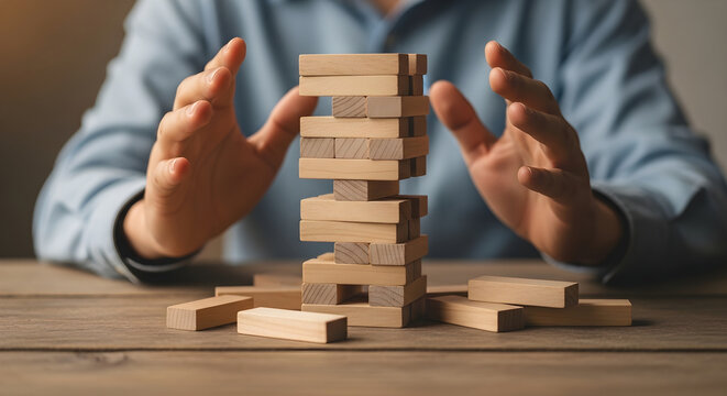 Businessman protecting wooden block tower representing risk management and strategy