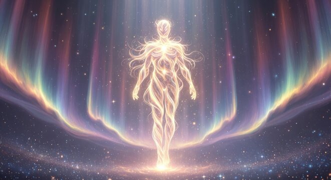 Glowing ethereal human silhouette in cosmic space with light rays