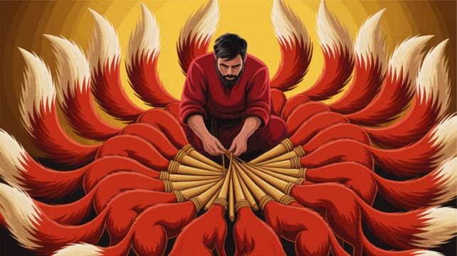 Bearded artisan weaving giant red feather fans in circular composition, vibrant folklore craft illustration with warm golden tones