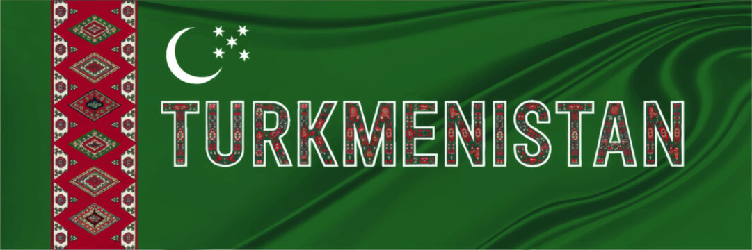 Waving Turkmenistan Flag with Traditional Carpet Pattern Border, Crescent Stars and Decorative Typography National Background