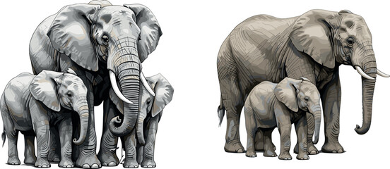  African Elephant Family Group with Baby Calves Sketch and Colored Style Wild Animal Vector Illustration Set © MstBizly