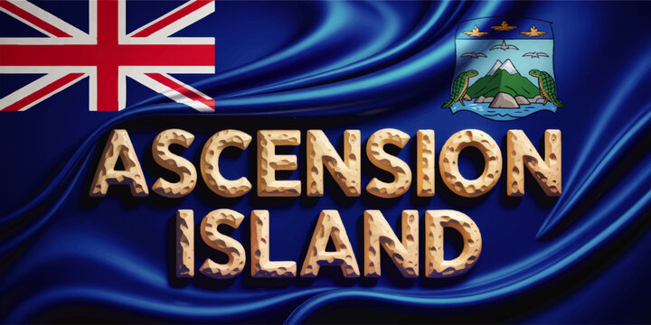 Ascension Island flag illustration with textured lettering, British overseas territory emblem, waving blue banner design