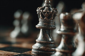 Fototapeta premium Wooden chess queen piece in focus with blurred board background