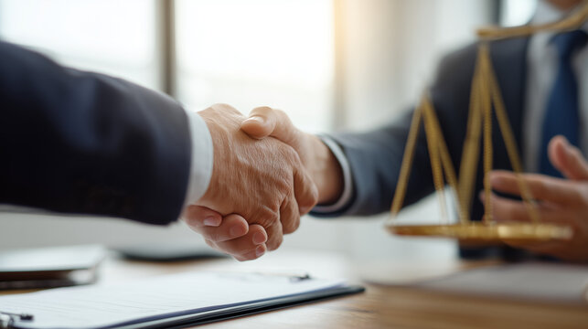 Close up handshake between two people across a desk in a law office, symbolizing legal agreement, partnership, trust, and professional business deal