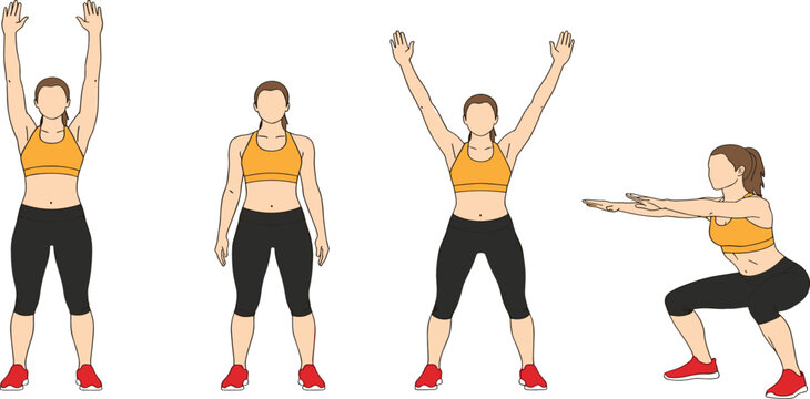 Woman performing bodyweight exercises vector set featuring squat jumping jacks and overhead reach for fitness routine and workout app branding