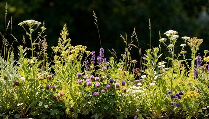Obraz premium A variety of wild meadow flowers including purple clover and white yarrow grow densely together against a dark background in the bright morning sun.