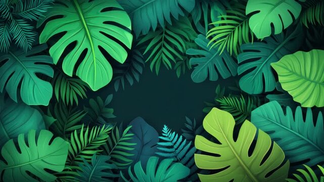 A vibrant digital illustration featuring various shades of green tropical leaves, with a dark background