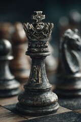 Fototapeta premium Vintage chess queen piece in focus with board background