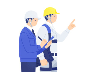 Naklejka na ściany i meble ヘルメットとフルハーネスを装備した現場監督と作業員がタブレット端末を用いて点検や指示出しするイラスト