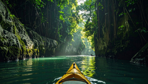 Kayaking through a lush green jungle canyon with sunlight filtering through the trees onto the water