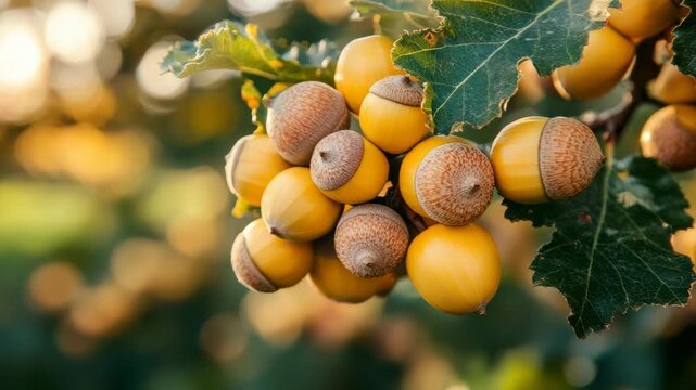 A close-up view of bright yellow acorns clustered on a branch with green leaves