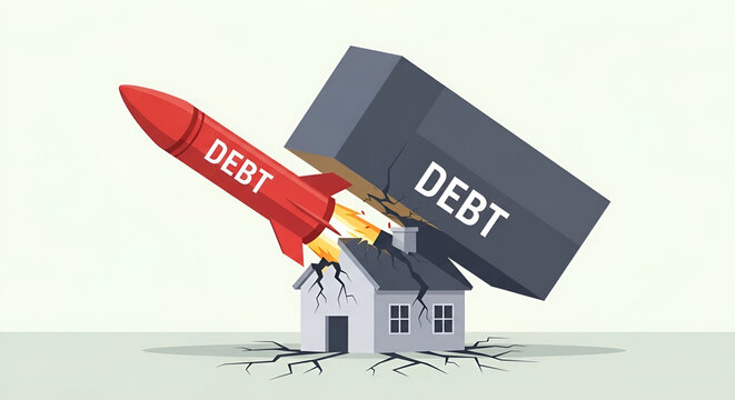 Rocket and falling weight symbolizing debt crushing a house.