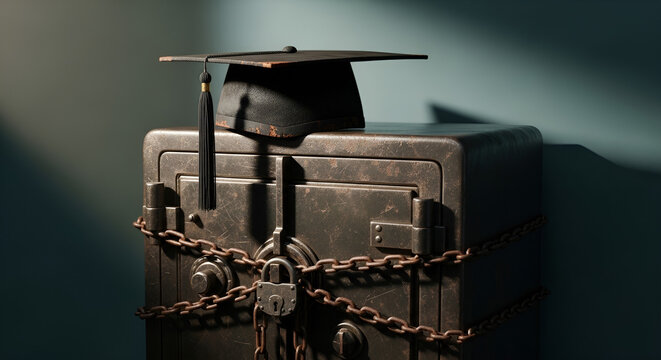 Graduation Cap on Locked Safe with Chains.