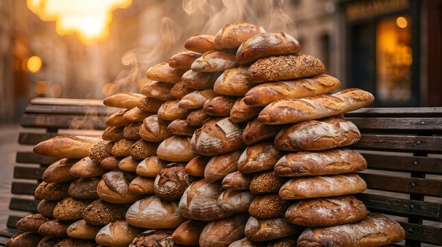 Artisan European Bread Pile on Sidewalk Bench at Sunset, Fresh Hot Bakery Close-Up, No People, Food Abundance Concept