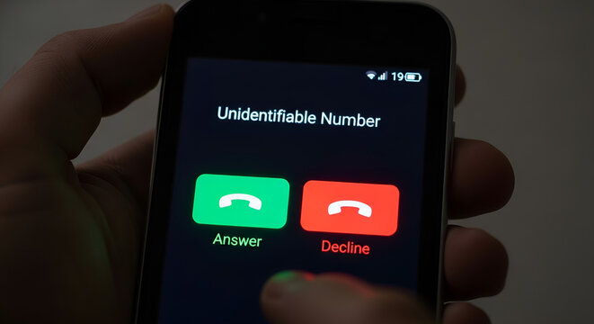 Unidentifiable Number Incoming Call on Smartphone Screen.