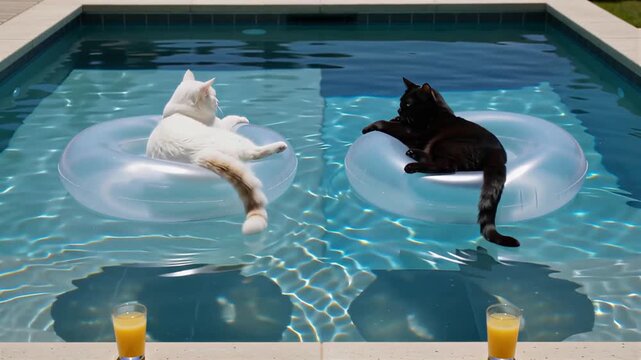 Beautiful white and black cats are relaxing on transparent inflatable rings in a sparkling blue swimming pool, resting during a sunny afternoon vacation because they enjoy lounging.