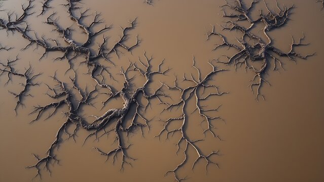 shortcoming. Aerial view of mangrove roots sprawling across a muddy tidal flat at low tide. ESG reports, sustainability campaigns, designed for sustainability communications and ESG reporting.