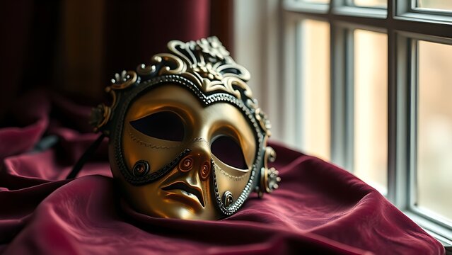amrit. Ornate Venetian mask resting on dark velvet fabric, soft light highlighting its decorative details. event programs, museum guides, designed for cultural heritage projects and event programs.